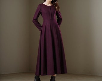 Women Vintage inspired purple Wool Dress, New Wool Maxi Dress, Long Sleeve dress, Fit and flared dress, Minimalist wool dress C2400