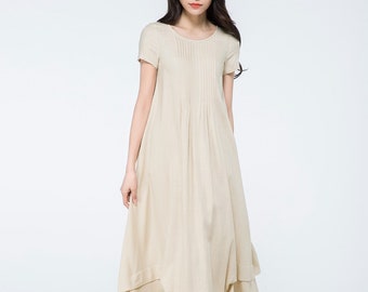 Plus size Linen dress, Linen maxi dress with asymmetrical hem, Long linen dress, beige linen dress,  summer linen dress, womens dress C1071