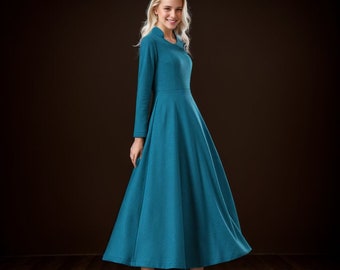 Long Wool Dress, Womens Long sleeve winter wool dress, Blue dress, A Line dress, Maxi Dress, Formal Dress, Autumn winter dress C1735