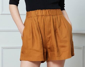 Linen Shorts, High Waisted Linen Shorts for Women, Yellow Linen Beach Shorts with pocket, Women Linen shorts, Custom shorts C1393