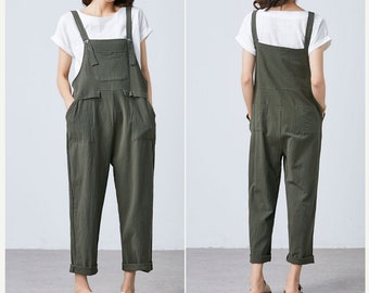 green linen dungarees