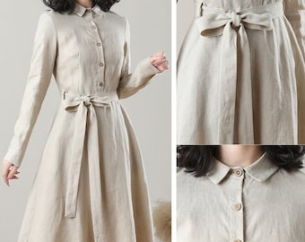 Midi Linen Dress, Linen Shirt Dress, Long Sleeve Dress, Women dress, Button linen Dress, belt dress, Summer Linen Dress, Custom Dress C3209