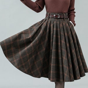 Womens midi plaid wool skirt, Winter skirt, Circle skirt, High waist skirt, Skirt with pockets, Pleated skirt, Custom skirt, Ylistyle C4449