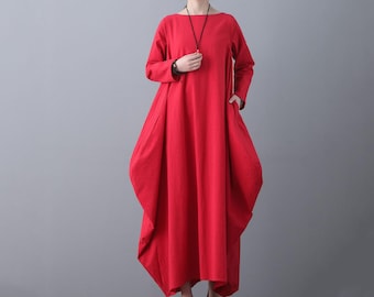 Red Kaftan linen dress, Long linen dress for womens, Asymmetrical Linen maxi dresses with pockets, Long sleeve causal linen dress C1837