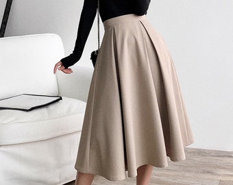 Thenxin Womens Vintage Pleated Skirt Elastic Waist Ruched Solid Color Flowy Midi Skirt 