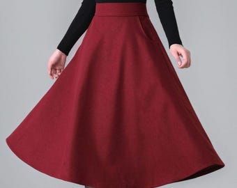 Wine Red Wool Midi Skirt: High Waist A-Line Winter Skirt With Pockets, Ylistyle C5155