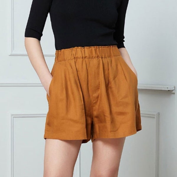 Short en lin, short en lin taille haute pour femme, short de plage en lin jaune avec poche, short en lin pour femme, short personnalisé C1393