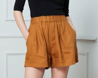 Short en lin, short en lin taille haute pour femme, short de plage en lin jaune avec poche, short en lin pour femme, short personnalisé C1393