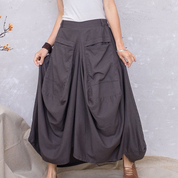 summer dark gray linen skirt with pockets, casual Lantern skirt, Plus size maxi skirt for women, long pleated skirt, ylistyle C2803