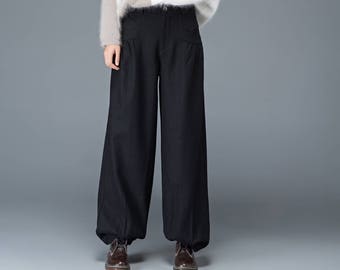 Black pants, womens pants, wool pants, black long pants, wide leg pants, casual pants, winter pants, maxi pants with pockets C1179