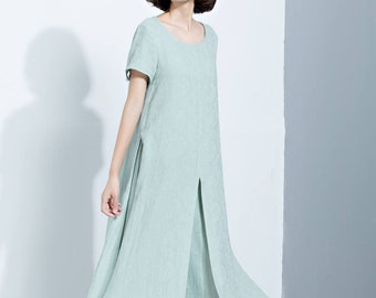 Cotton Linen maxi Dress, Plus size dress, Summer Dress, Short Sleeves Dress, Printed Dress, Casual Dress, Women's Dress, Custom dress C1130