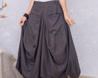 summer dark gray linen skirt with pockets, casual Lantern skirt, Plus size maxi skirt for women, long pleated skirt, ylistyle C2803