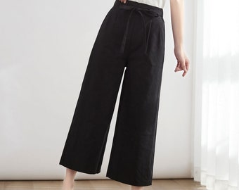 Black Linen pants, Cropped Pants, Women's Linen Pants, Wide Leg Crop Pants, Women Wide Leg pants, Summer Linen pants, Ylistyle C2677#