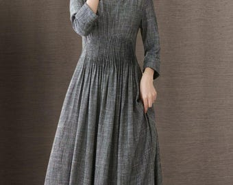 Leinenkleid, Graues Leinen Maxikleid, Damen Leinenkleid, A-Linienkleid mit Taschen, Herbst Herbst Kleid, Kleid Maßgeschneidert, Ylistyle C3948 #