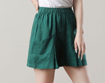 Green Linen Shorts, High Waisted Linen Shorts for Women, Linen Beach Shorts with pocket, Women Linen shorts, Custom shorts, Ylistyle C3233