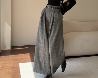 Gray Wool Palazzo Pants, Vintage Inspired Wool Pants, Wide Leg Wool Pants Women, High Waisted Pants, Custom Pants, Winter Wool Pants  C3147#