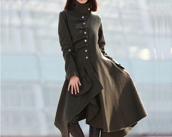 Army Green Asymmetrical Swing Wool Coat Women, Stylish Gothic coat, Warm Winter Coat, Unique Design Long Wool Jackets with Pockets C183