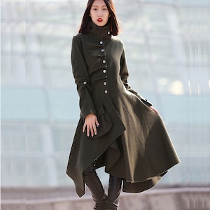 Army Green Asymmetrical Swing Wool Coat Women, Stylish Gothic coat, Warm Winter Coat, Unique Design Long Wool Jackets with Pockets C183