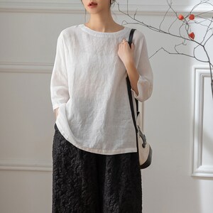 Linen Tops, Women&#39;s Linen Blouse, White Tops, Half Sleeve Tops, Casual Linen Tops, Loose Tops, Summer Linen Blouse, Handmade Tops C3198