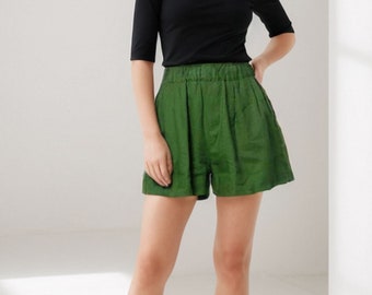 Linen Shorts, Loose shorts, High Waisted Linen Shorts Women, Green Linen Beach Shorts with pocket, Classic Linen shorts, Custom shorts C4303