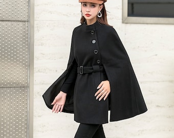 Black Wool Cape Coat Women, Belted Wool Cape Coat With Black Wool Cape Coat Women, Belted Wool Cape Coat With