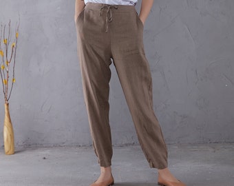 Minimal linen pants, Long linen pants, Women's Tapered Linen Pants with pockets, Plus size Linen pants, Linen pantaloons C1902