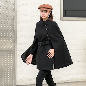 Black Wool Cape Coat Women, Belted Wool Cape Coat With Black Wool Cape Coat Women, Belted Wool Cape Coat With