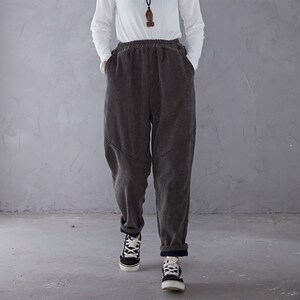 Casual Dark Gray Corduroy Pants, Corduroy Harem Pants, Plus