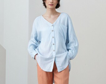 Light Blue Linen Blouse:  Oversized V-Neck Long Sleeve Button-Up Top, Ylistyle C5324