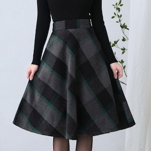 Midi Wool Plaid Skirt, Winter Wool Skirt Women, Tartan A Line Skirt, Swing Skirt with Pocket, High Waist Full Skirt, Mod Skirt C2603