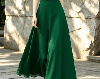 Dark Green Chiffon Maxi Skirt, High Waisted A-Line Swing Skirt, Women’s Flowy Summer Long Skirt, Elegant Handmade Skirt, Ylistyle C5557