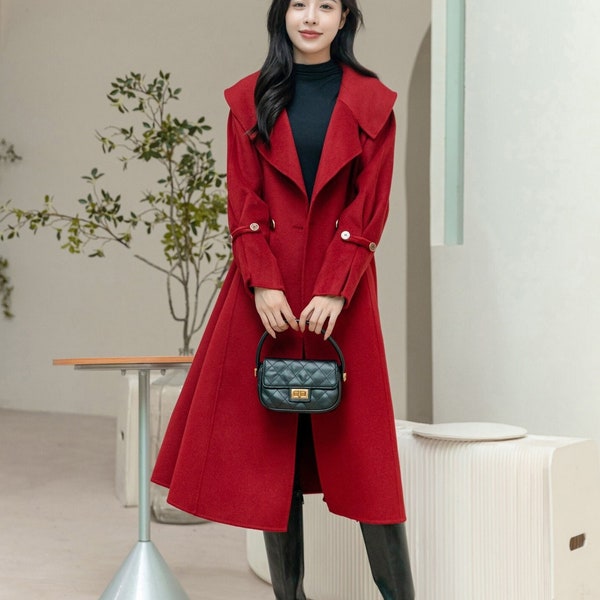 Red Princess Wool Coat, Winter Long Wool Coat, Swing Women Coat, Unique Long Coat, Warm Thick Coat Women, Custom Wool Coat, Ylistyle C3093