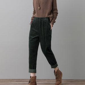 Green Corduroy Pants Women, High Waisted Pants, Loose Fit Corduroy Slacks, Elastic Waist Pants with Pocket, Plus Size Pants Ylistyle C2555 1-green