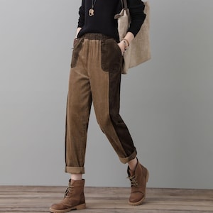 Vintage Inspired Brown Loose fit Corduroy Pants Women, Wide Leg Pants, Patchwork Harem Pants, Elastic Waist Baggy Pants, Ylistyle  C2557