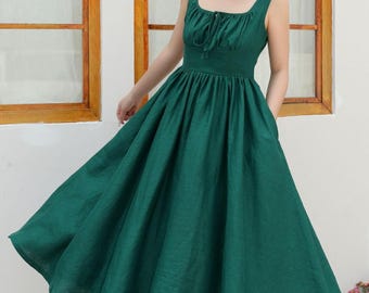 Robe chasuble flatteuse en lin verte à taille haute, robe midi d'été en lin vert frais pour femme avec poches, robe trapèze, ylistyle C4838
