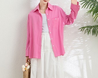 Spring Summer Pink Shirt, Women's Cotton Shirt, Casual Cotton Shirt, Long Sleeve Shirt, Simple Shirt for Women, Custom Shirt, Ylistyle C3298