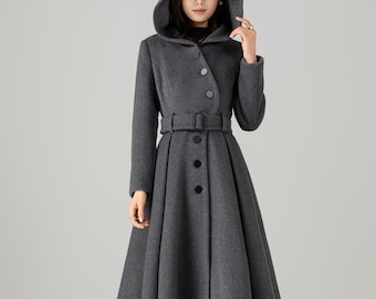 Hooded Wool Swing Coat, Gray Asymmetric Winter Coat, Ylistyle C5269