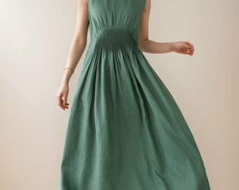 Robe longue d'été décontractée en lin verte : robe débardeur sans manches avec taille nervurée et poches, Ylistyle C3952