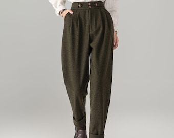 Army Green Wool Blend Tapered Ankle-Length Pants with Mid Waist, Custom Pants, Ylistyle C5694