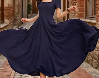 Navy Blue Maxi Linen Dress, Fit and Flare Dress, Plus Size Dress, Flowy  A-line Dress With Pleated, Swing Dress With Pleated, Xiaolizi 5683 - Etsy
