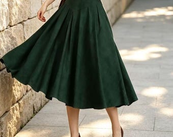 Dark Green Linen Midi Skirt, High Waisted Pleated A-Line Swing Skirt, Women’s Summer Skirt With Pocket, Handmade Skirt, Ylistyle C5570