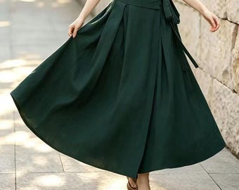 Forest Green Wrap Skirt, High Waisted Maxi Skirt, Women A Line Long Skirt, Summer Pleated Cotton Linen Skirt with Tie Waist, Ylistyle C5609