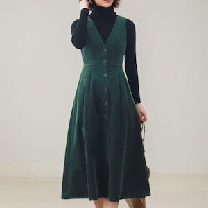 Vestido de pana verde oscuro hecho a mano: corte midi vintage, Ylistyle C5446