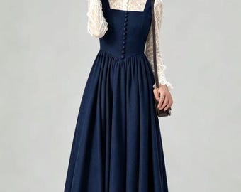 Navy Blue Wool Pinafore Midi Dress, Vintage Pleated Sleeveless Dress, A Line Swing Dress with Pockets, Ylistyle C5651
