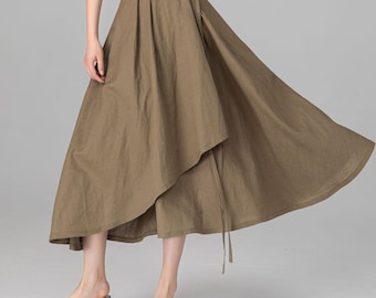 Green Linen Cotton Wrap Midi Skirt:  Asymmetrical Flowy Pleated A Line Long Skirt, Ylistyle C5519
