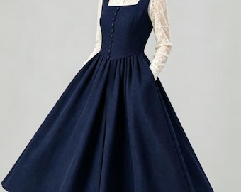 Navy Blue Wool Pinafore Midi Dress, Vintage Pleated Sleeveless Dress, A Line Swing Dress with Pockets, Ylistyle C5651