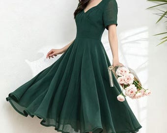 Green Cotton Ramie Dress, Fit and Flare Dress with V-Neck, Swing Dress, French Vintage, Wedding Guest Dress, Ylistyle C5600