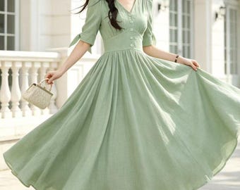 Soft Sage Green Linen Midi Dress, V Neck Button Front Dress, Flowy A-Line Summer Linen Dress, Garden Wedding Guest Dress, Ylistyle C5571