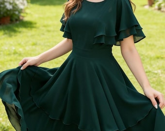 deep green chiffon midi dress Elegant Deep Green Midi dress, Flattering A-Line Fit dress, Handcrafted Womens dress, Summer Weddings & Brunches dress, Xiaolizi 5830#