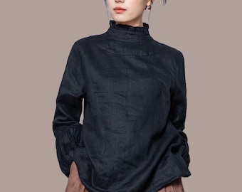 Schwarze Leinenbluse Frauen - Lockere Passform Rüschenhals Langarm Top, Ylistyle C5461